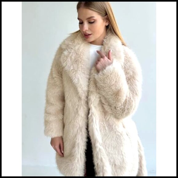 Long Faux Fur Coat Elegant Winter Jacket Fluffy Lapel Fuzzy Cozy Chic - Picture 6 of 6